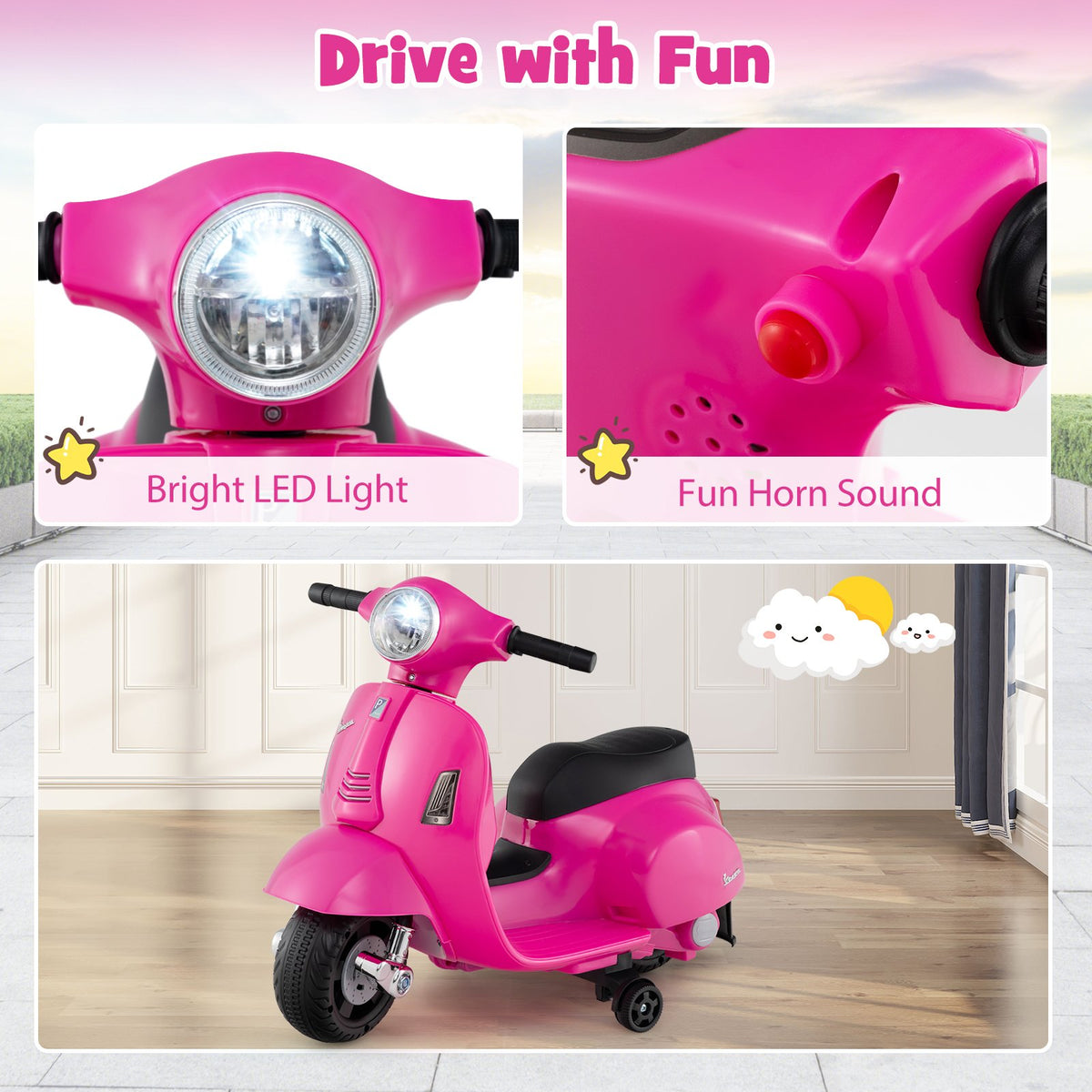 Kids Ride on Motorcycle Licensed Vespa with LED Headlight and Horn Sound-Pink view 7