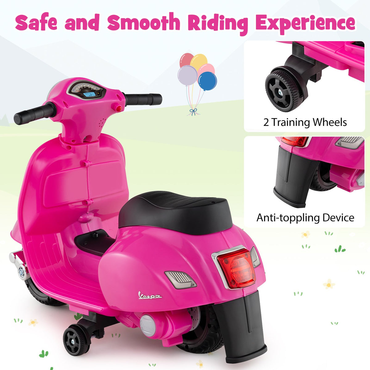 Kids Ride on Motorcycle Licensed Vespa with LED Headlight and Horn Sound-Pink view 8