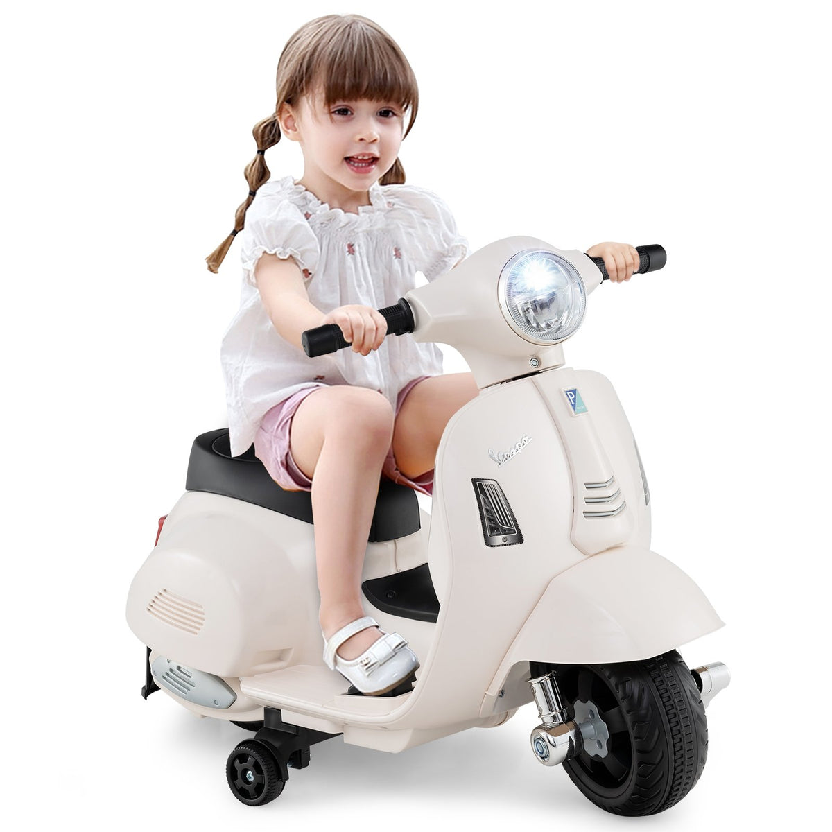 Kids Ride on Motorcycle Licensed Vespa with LED Headlight and Horn Sound-White view 4