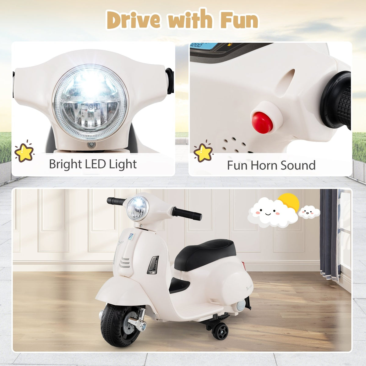 Kids Ride on Motorcycle Licensed Vespa with LED Headlight and Horn Sound-White view 7