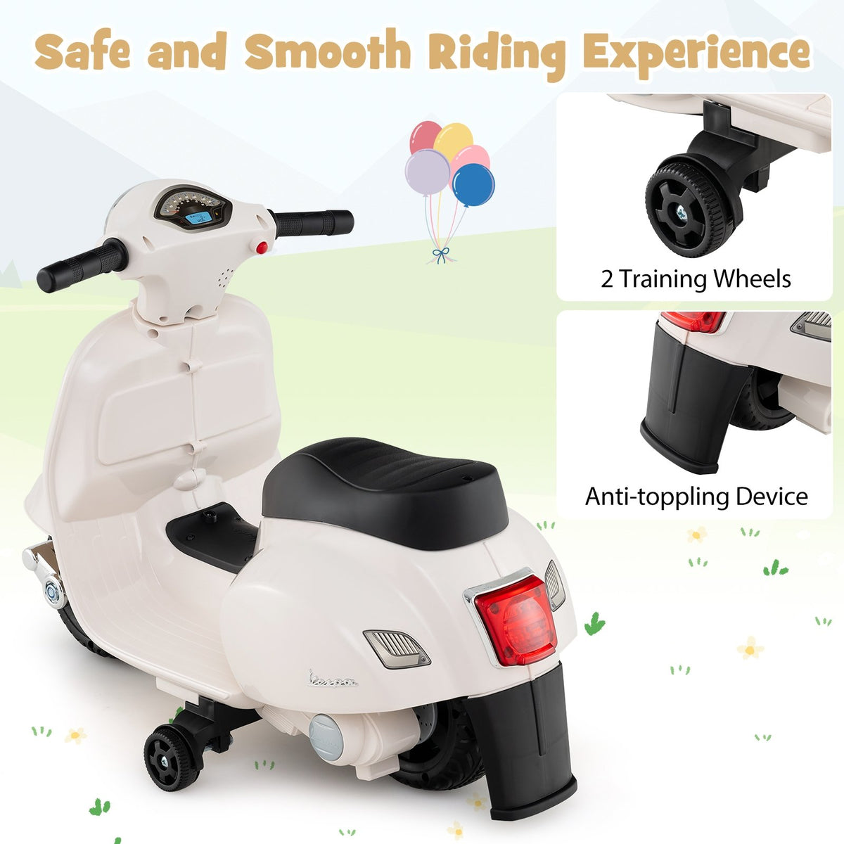 Kids Ride on Motorcycle Licensed Vespa with LED Headlight and Horn Sound-White view 8