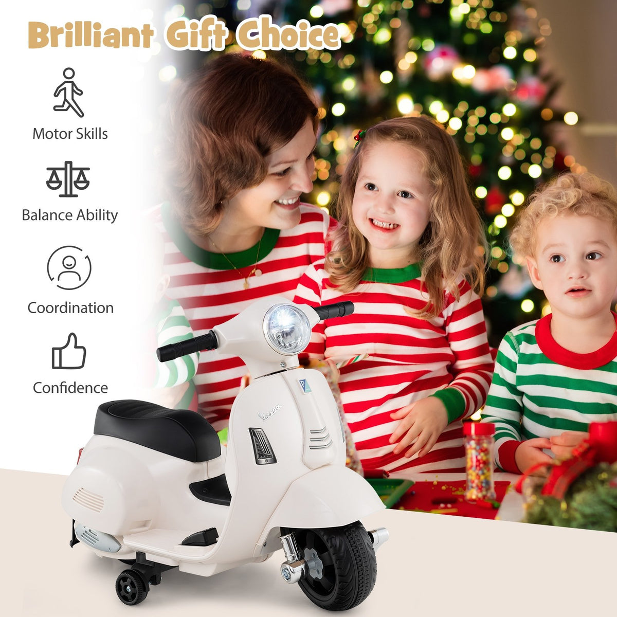 Kids Ride on Motorcycle Licensed Vespa with LED Headlight and Horn Sound-White view 9