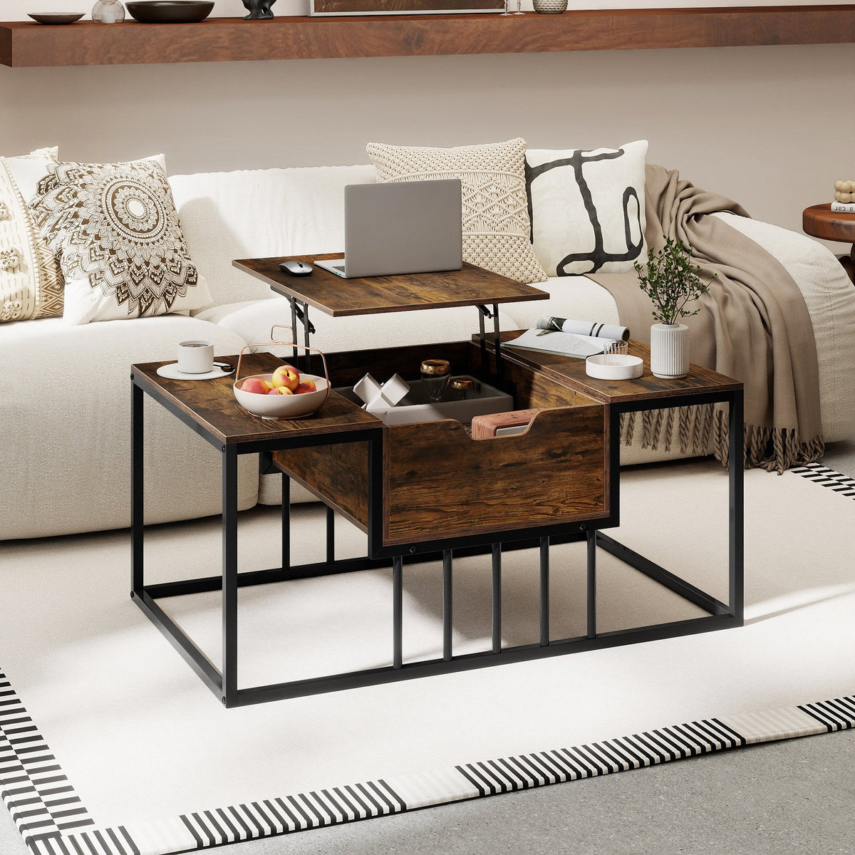 Lift Top Coffee Table Modern Center Table with Hidden Storage Compartment-Rusitc Brown view 2