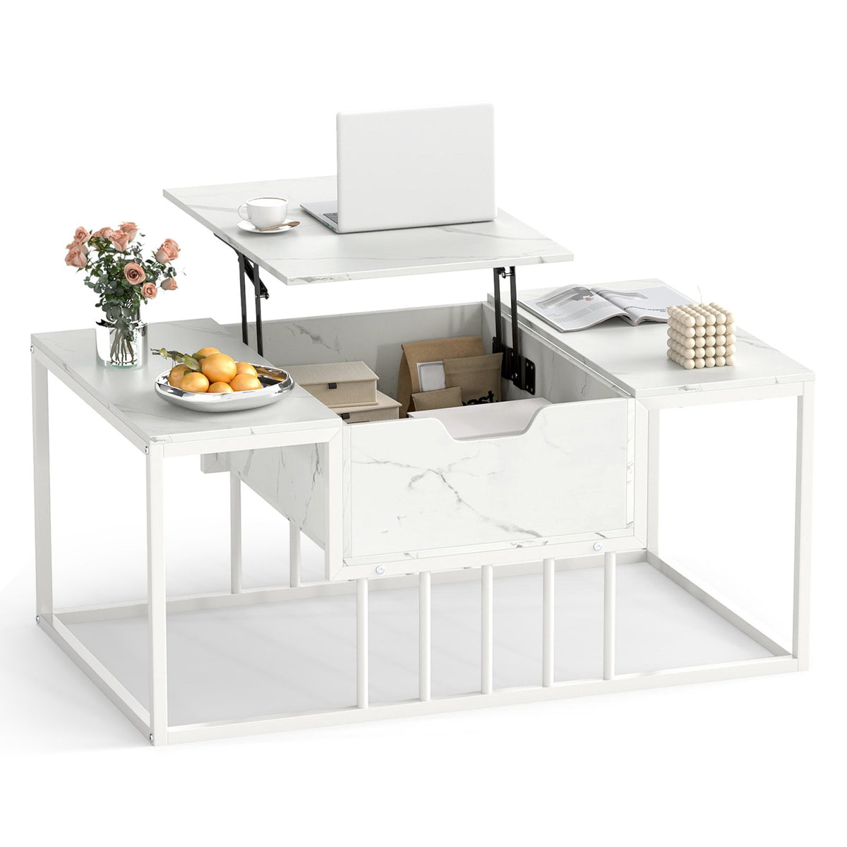 Lift Top Coffee Table Modern Center Table with Hidden Storage Compartment-White