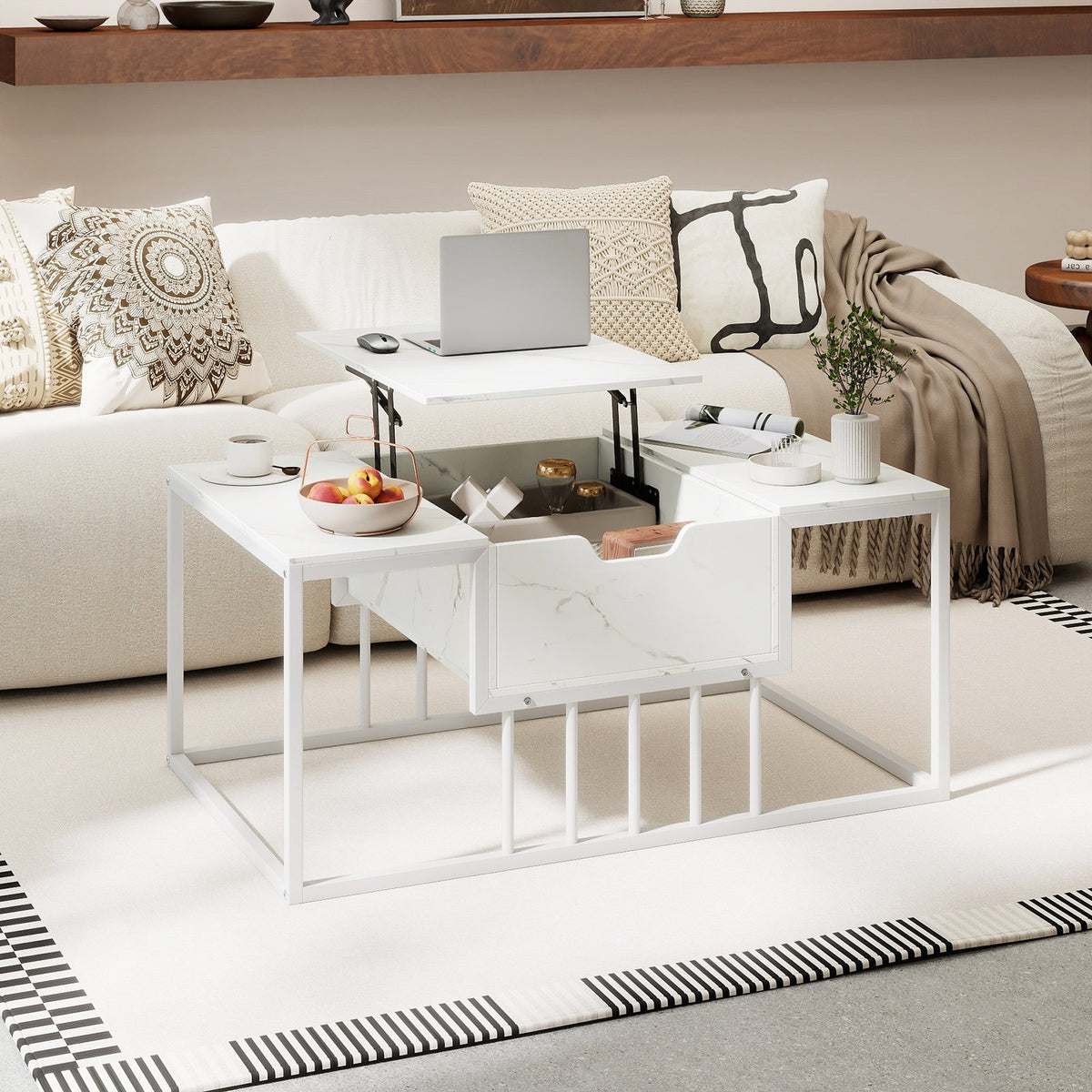 Lift Top Coffee Table Modern Center Table with Hidden Storage Compartment-White view 2