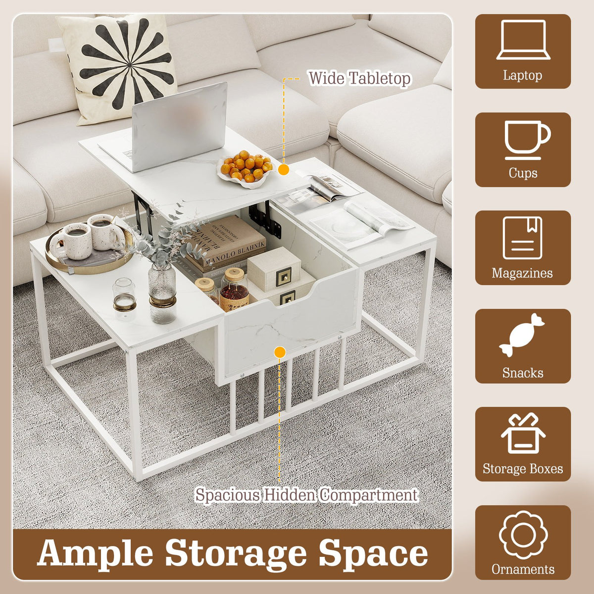 Lift Top Coffee Table Modern Center Table with Hidden Storage Compartment-White view 8
