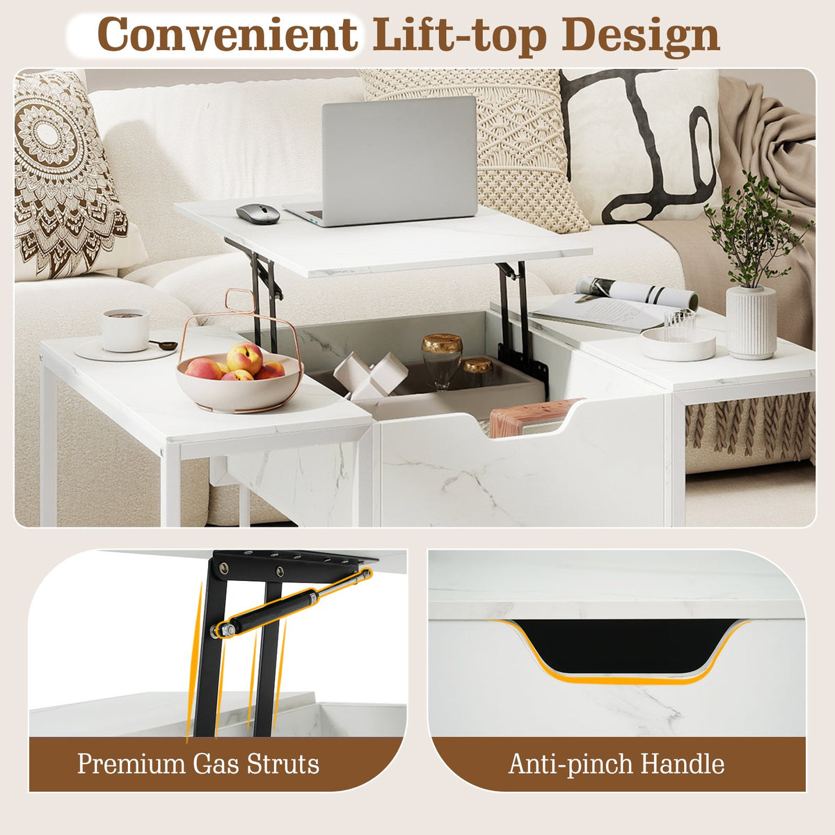 Lift Top Coffee Table Modern Center Table with Hidden Storage Compartment-White view 9