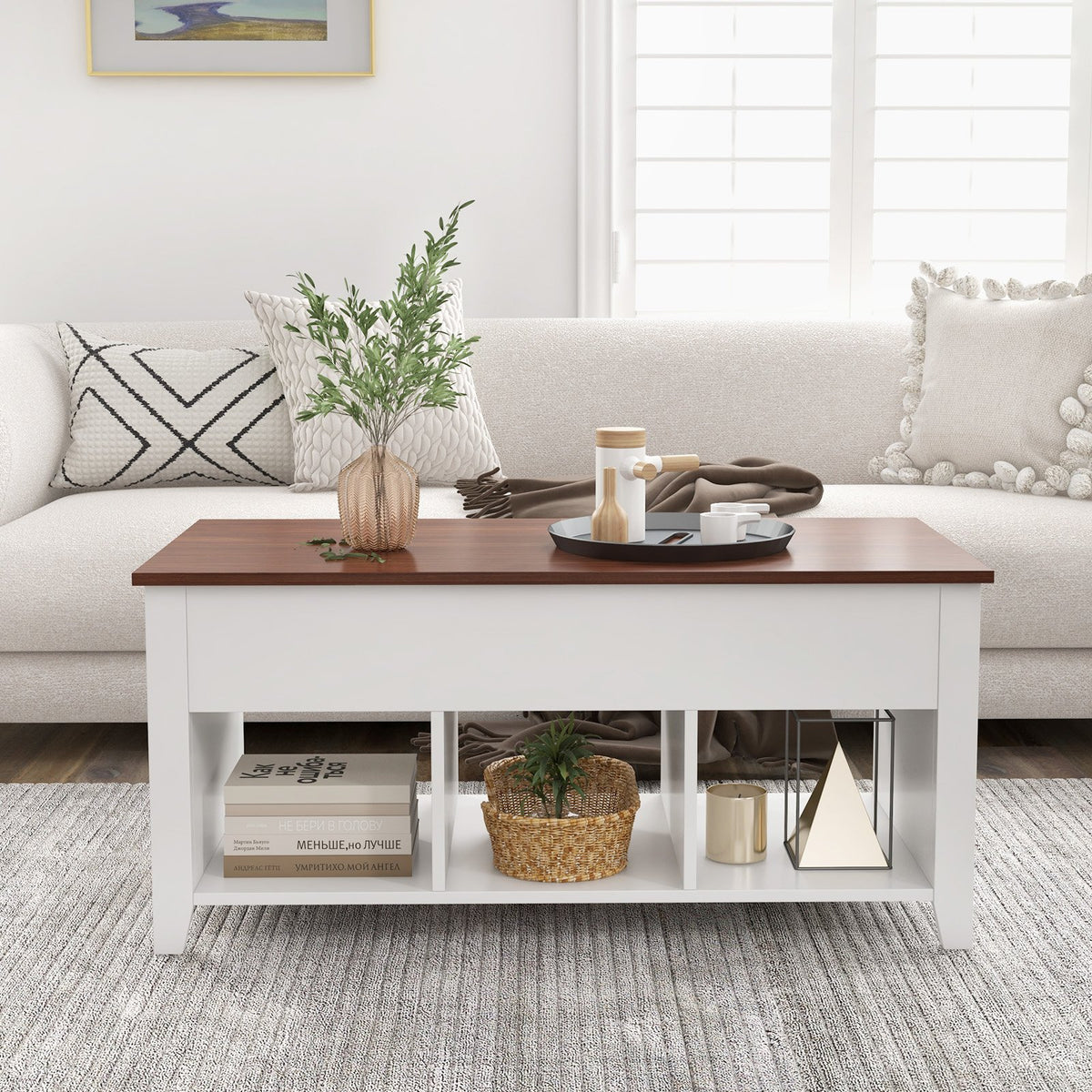 Lift Top Coffee Table w/ Hidden Compartment and Storage Shelves-White view 3