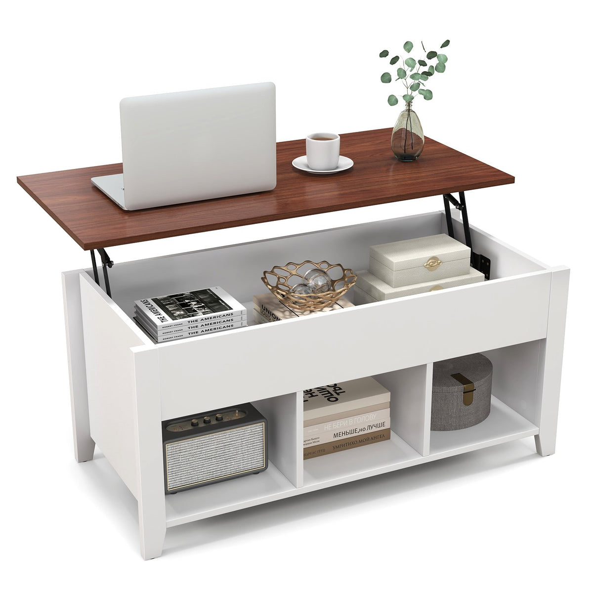 Lift Top Coffee Table w/ Hidden Compartment and Storage Shelves-White view 4