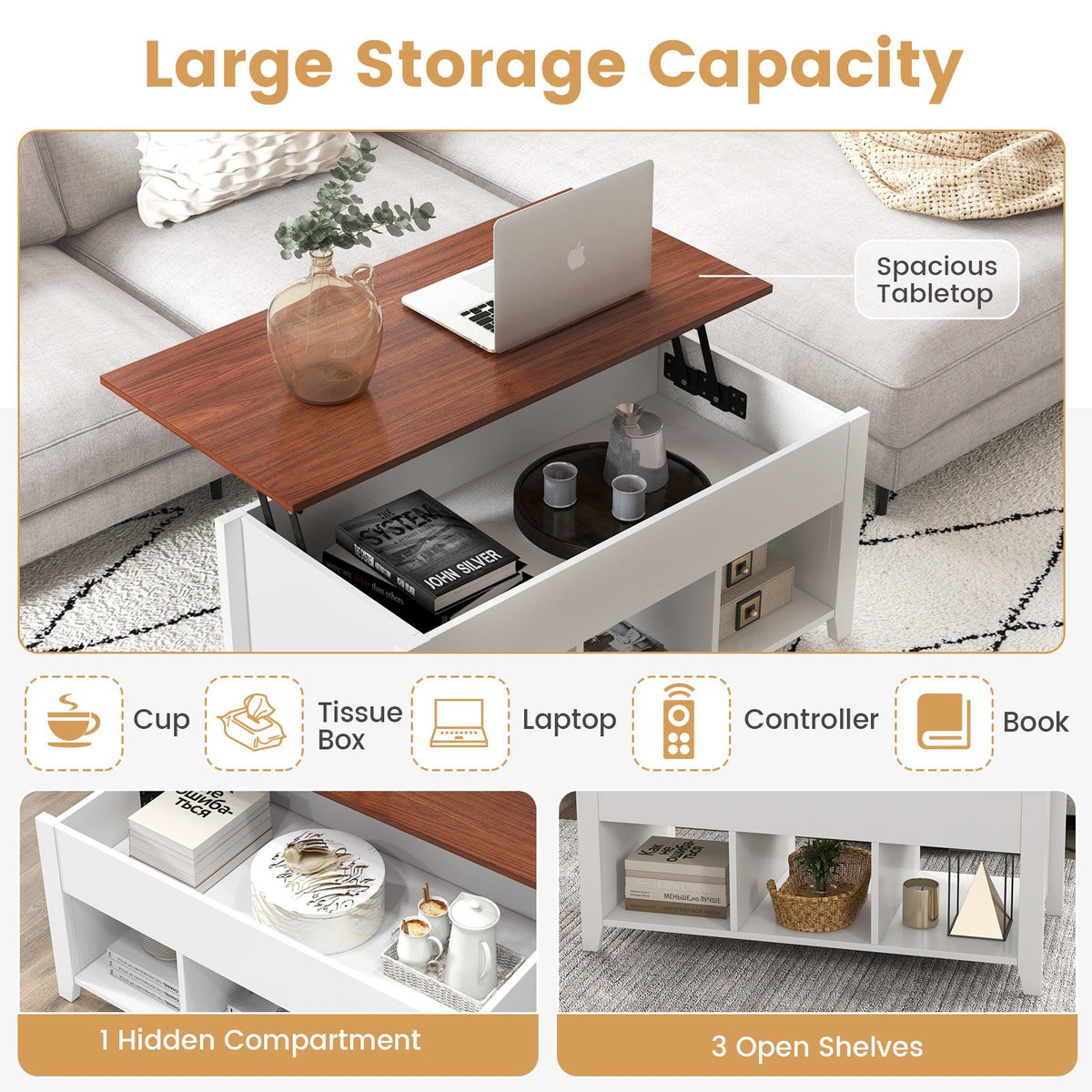 Lift Top Coffee Table w/ Hidden Compartment and Storage Shelves-White view 6