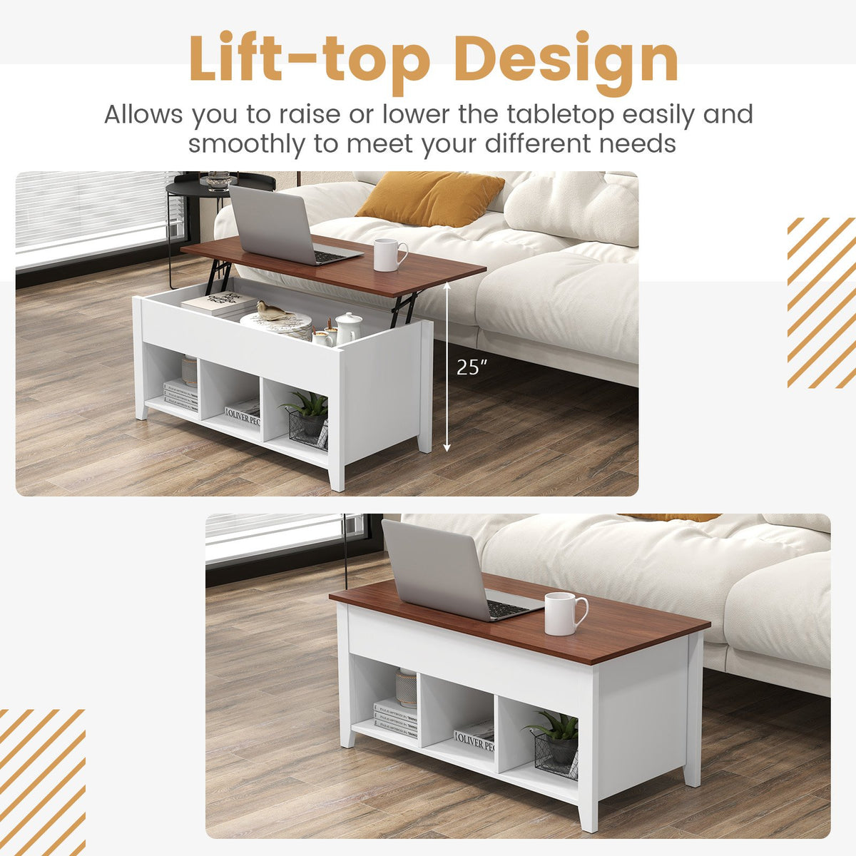 Lift Top Coffee Table w/ Hidden Compartment and Storage Shelves-White view 7