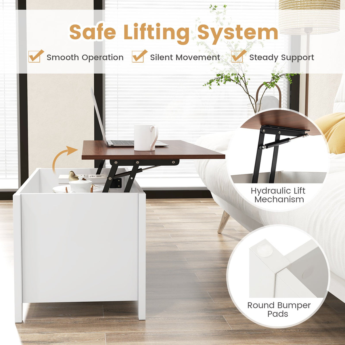Lift Top Coffee Table w/ Hidden Compartment and Storage Shelves-White view 8