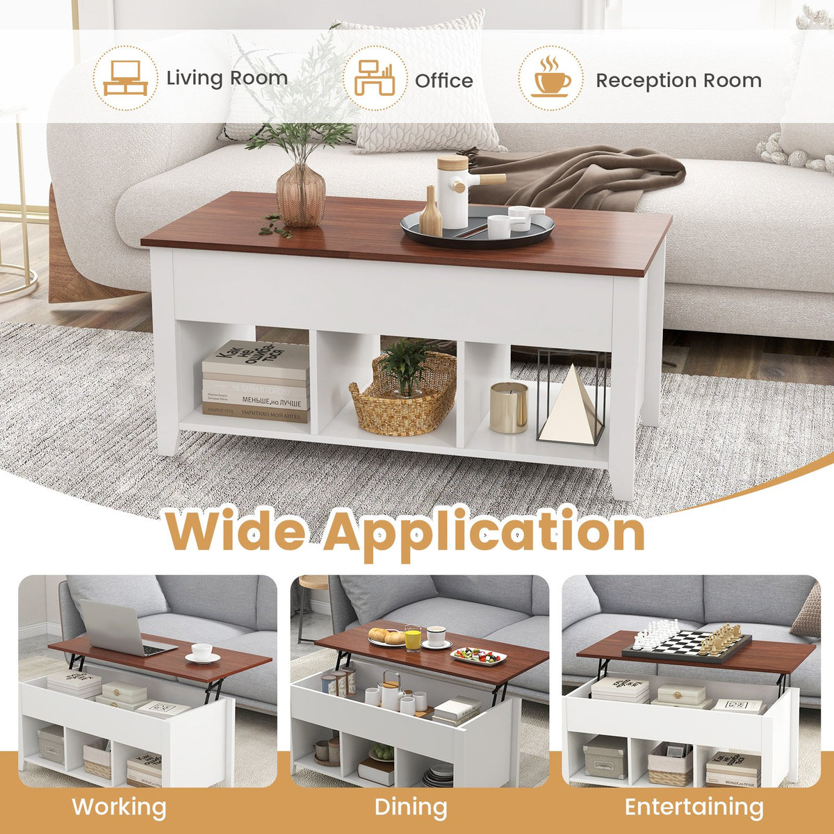 Lift Top Coffee Table w/ Hidden Compartment and Storage Shelves-White view 9