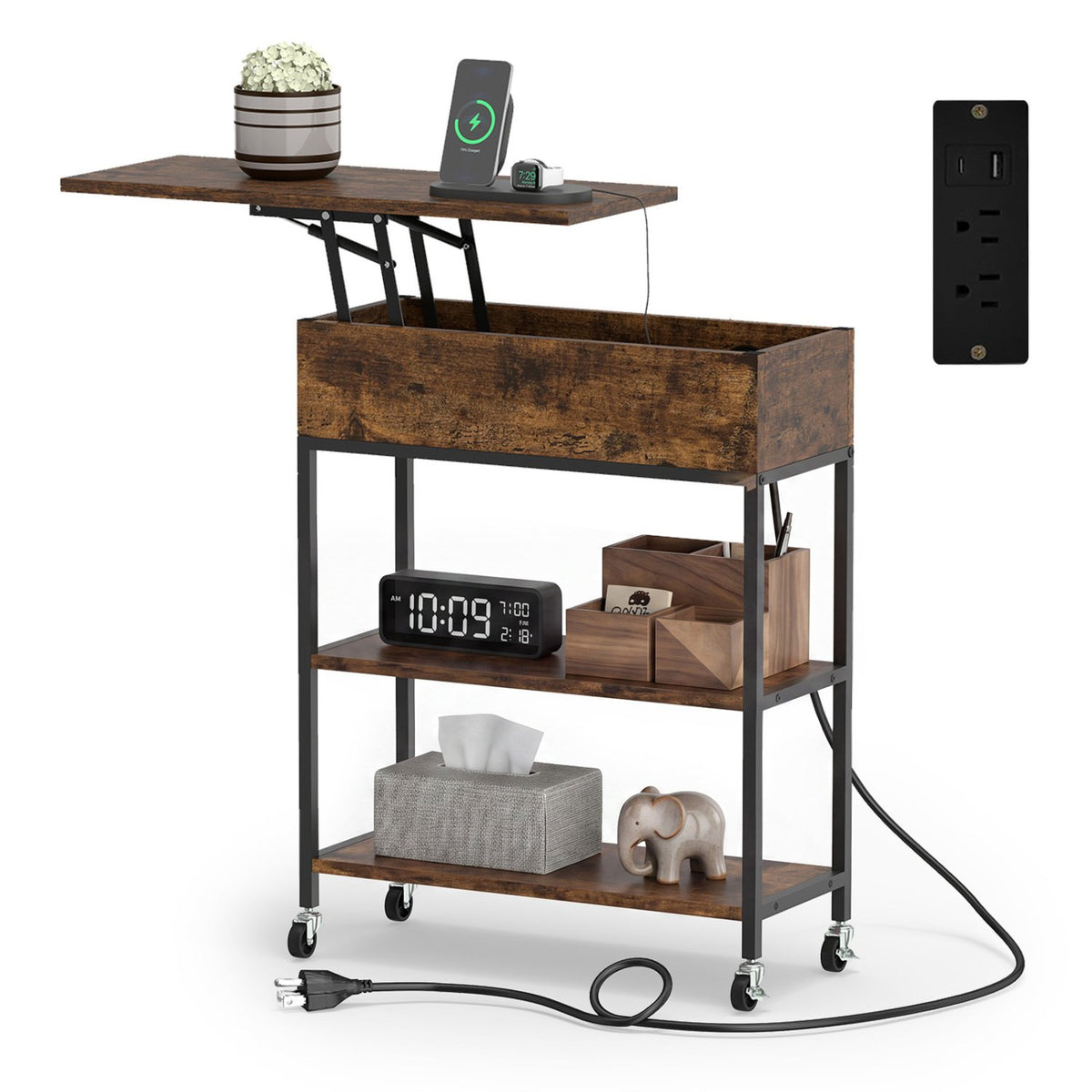 Lift Top End Table with Charging Station and Universal Wheels-Rustic Brown