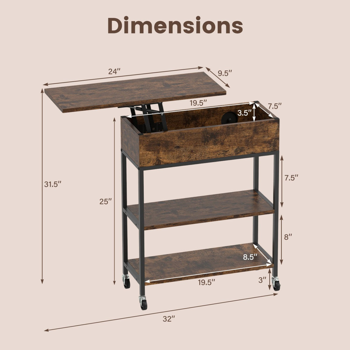 Lift Top End Table with Charging Station and Universal Wheels-Rustic Brown view 5