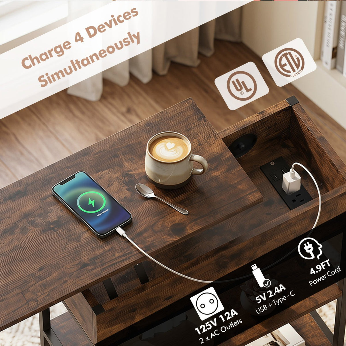 Lift Top End Table with Charging Station and Universal Wheels-Rustic Brown view 6
