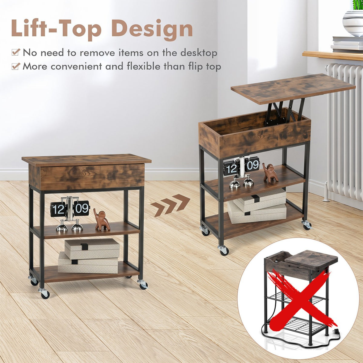 Lift Top End Table with Charging Station and Universal Wheels-Rustic Brown view 7