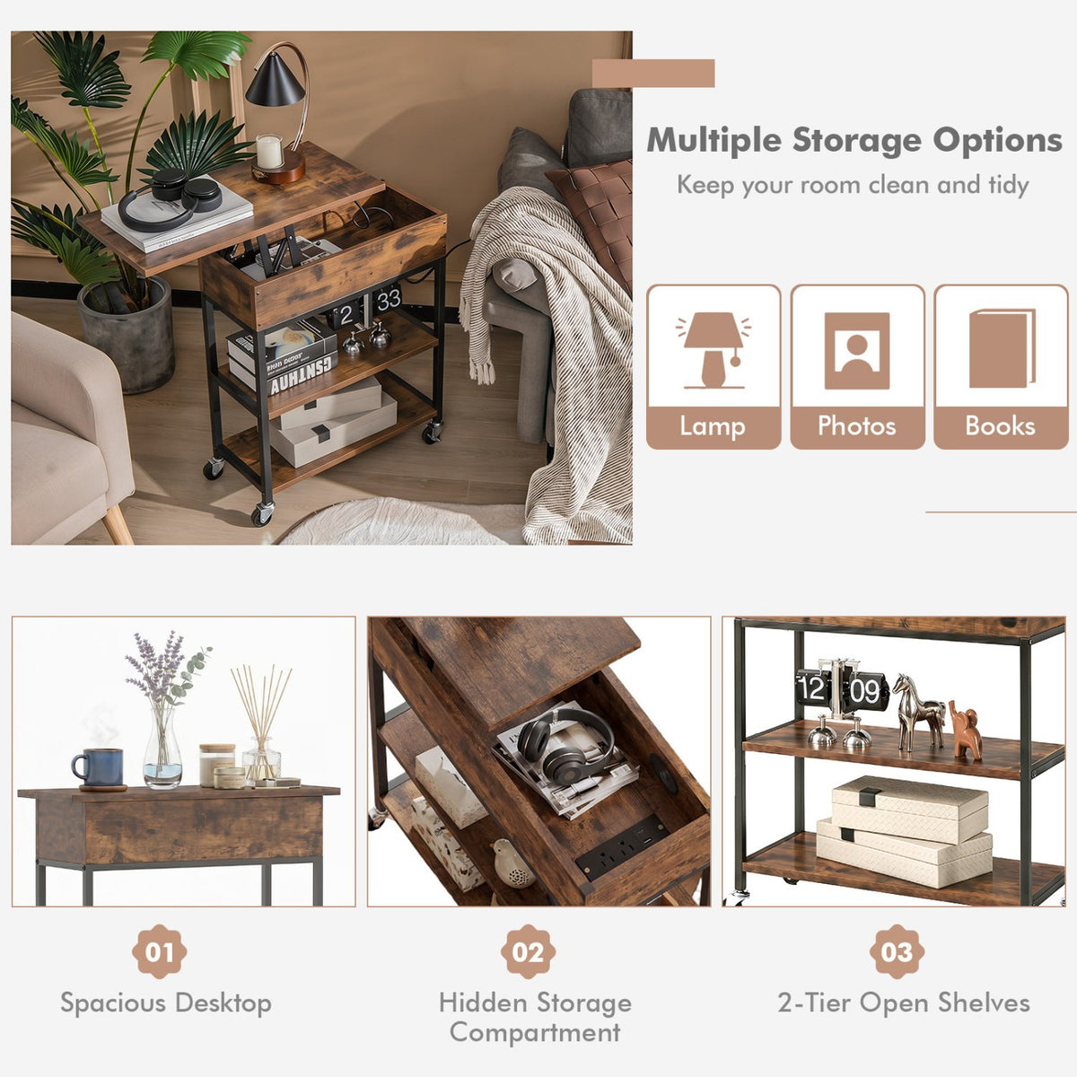 Lift Top End Table with Charging Station and Universal Wheels-Rustic Brown view 8
