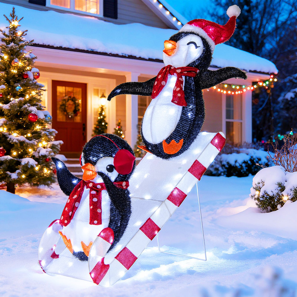 Lighted Christmas Decoration Penguins 3D Pre-Lit Penguins Slide with 170 LED Lights view 2