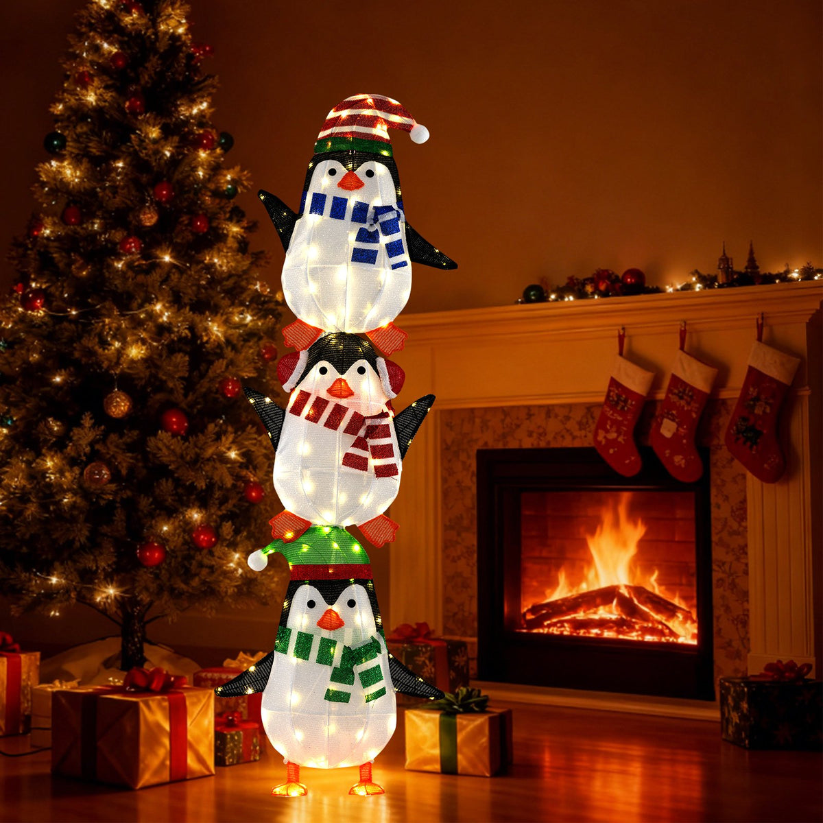 Lighted Penguins Decoration with Warm White Lights and Cute Hats view 3