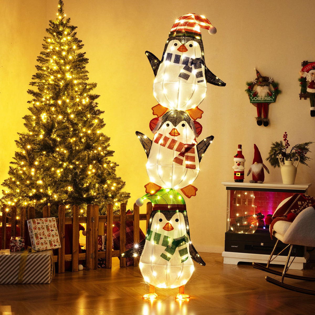 Lighted Penguins Decoration with Warm White Lights and Cute Hats view 5