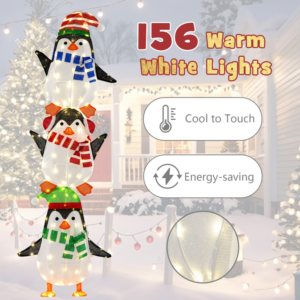 Lighted Penguins Decoration with Warm White Lights and Cute Hats view 7
