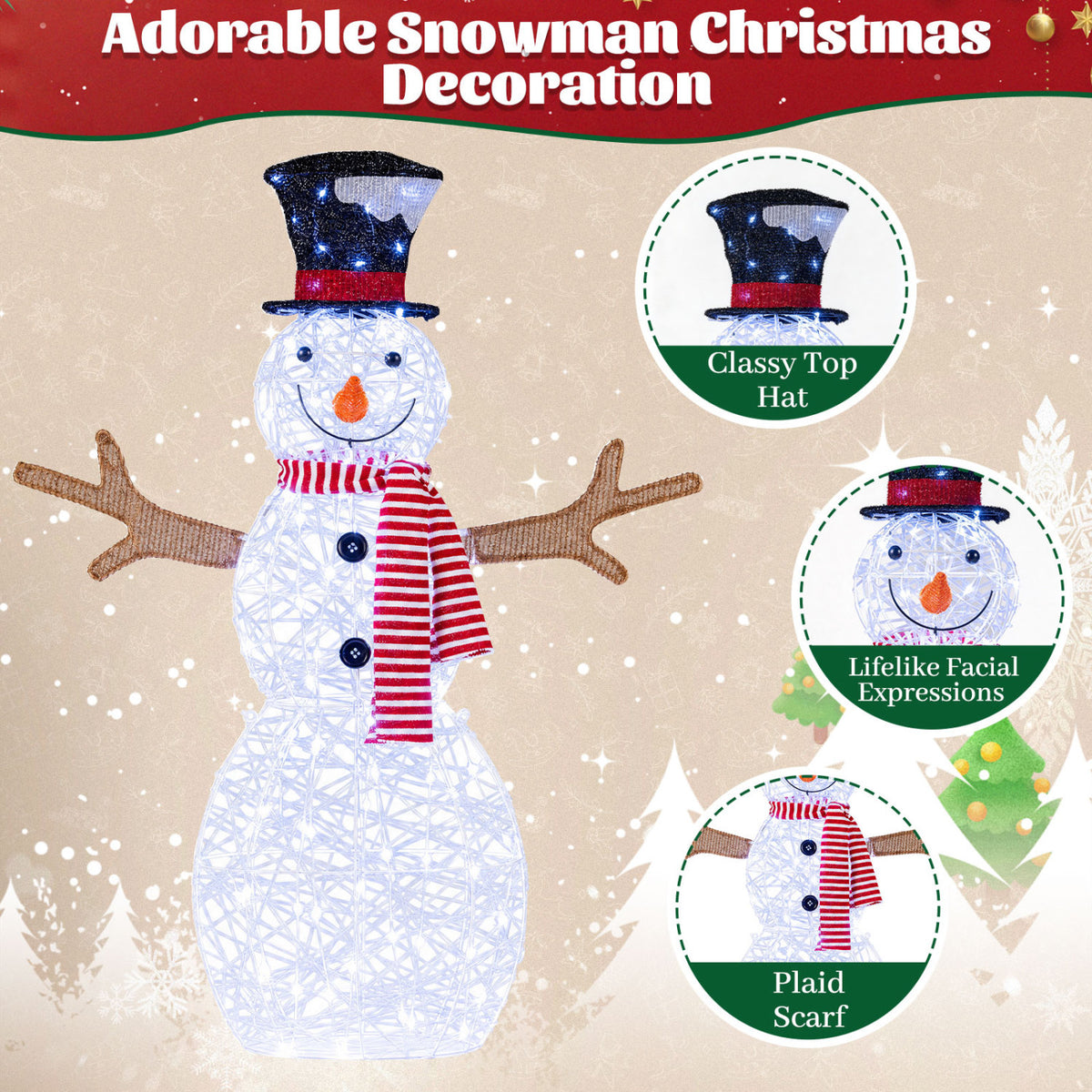 Lighted Snowman Christmas Decoration with Cold White LED Lights-White view 7