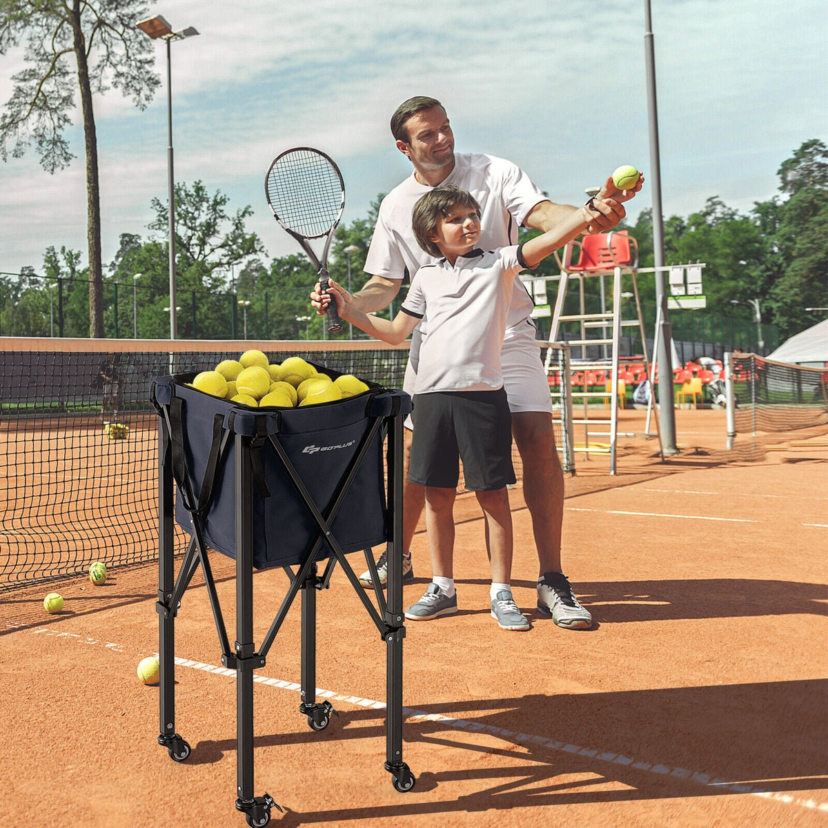 Lightweight Foldable Tennis Ball Teaching Cart with Wheels and Removable Bag-Blue view 2