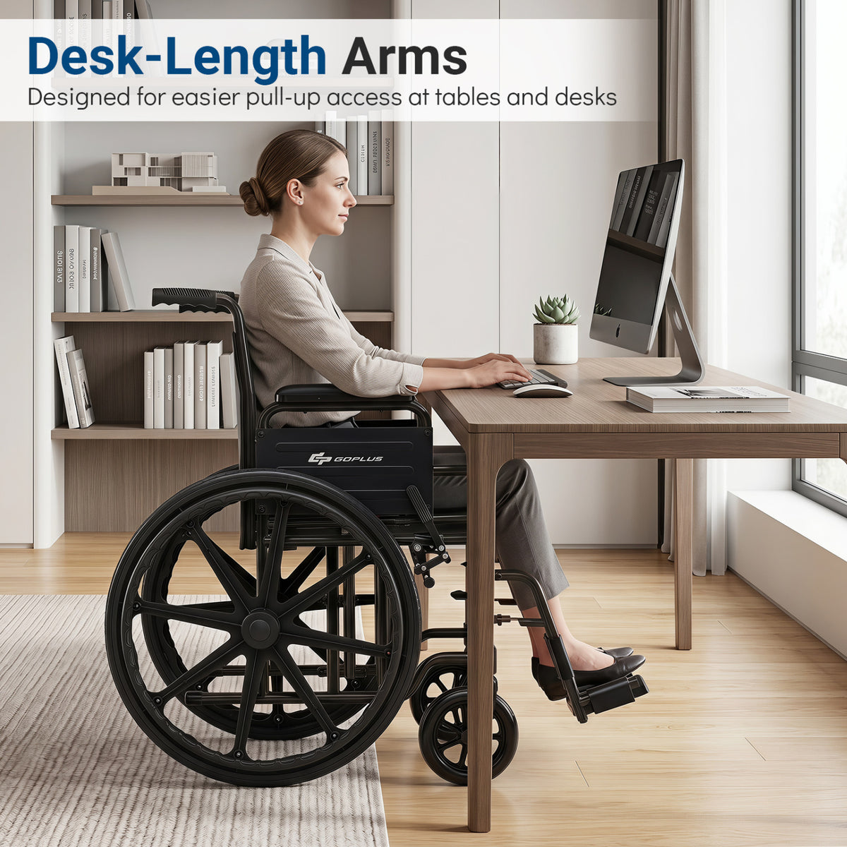 Lightweight Folding Wheelchair for Adults with Swing-Away Footrest and Desk Arm-Black view 4