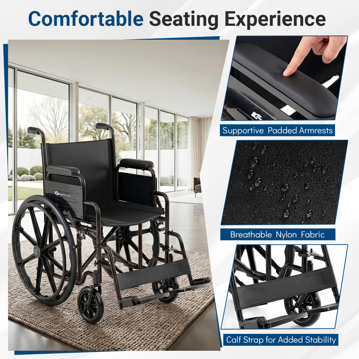 Lightweight Folding Wheelchair for Adults with Swing-Away Footrest and Desk Arm-Black view 5