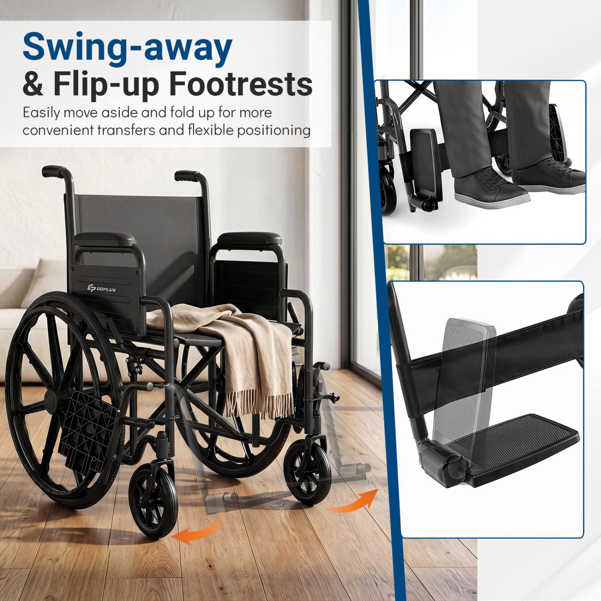 Lightweight Folding Wheelchair for Adults with Swing-Away Footrest and Desk Arm-Black view 6