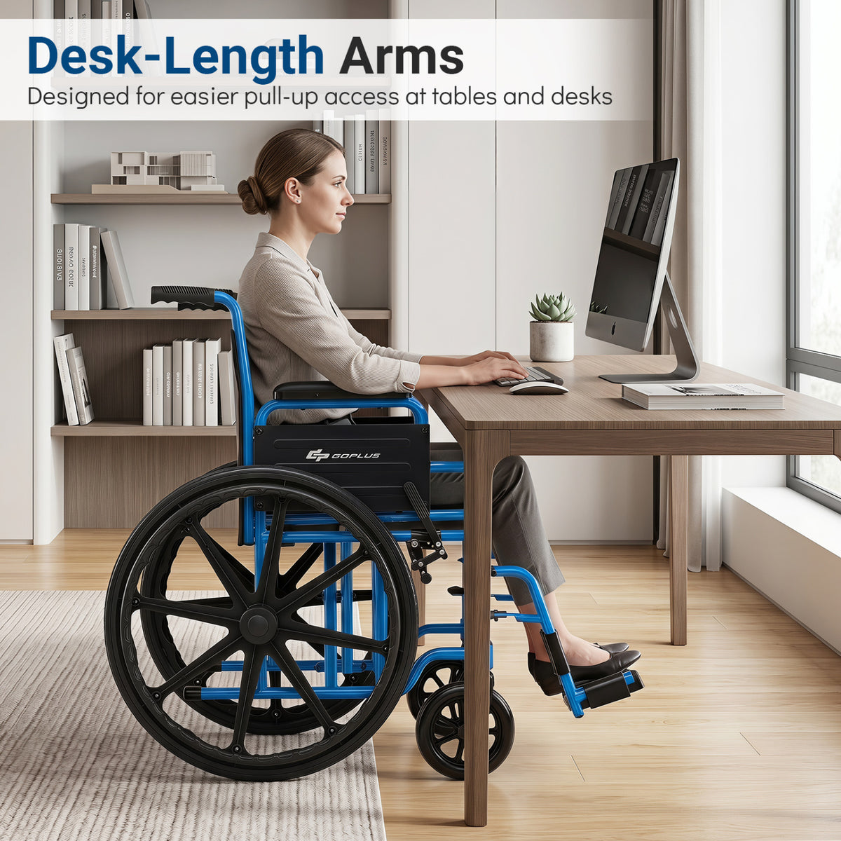 Lightweight Folding Wheelchair for Adults with Swing-Away Footrest and Desk Arm-Navy view 4