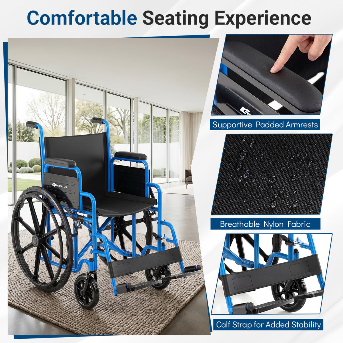 Lightweight Folding Wheelchair for Adults with Swing-Away Footrest and Desk Arm-Navy view 6