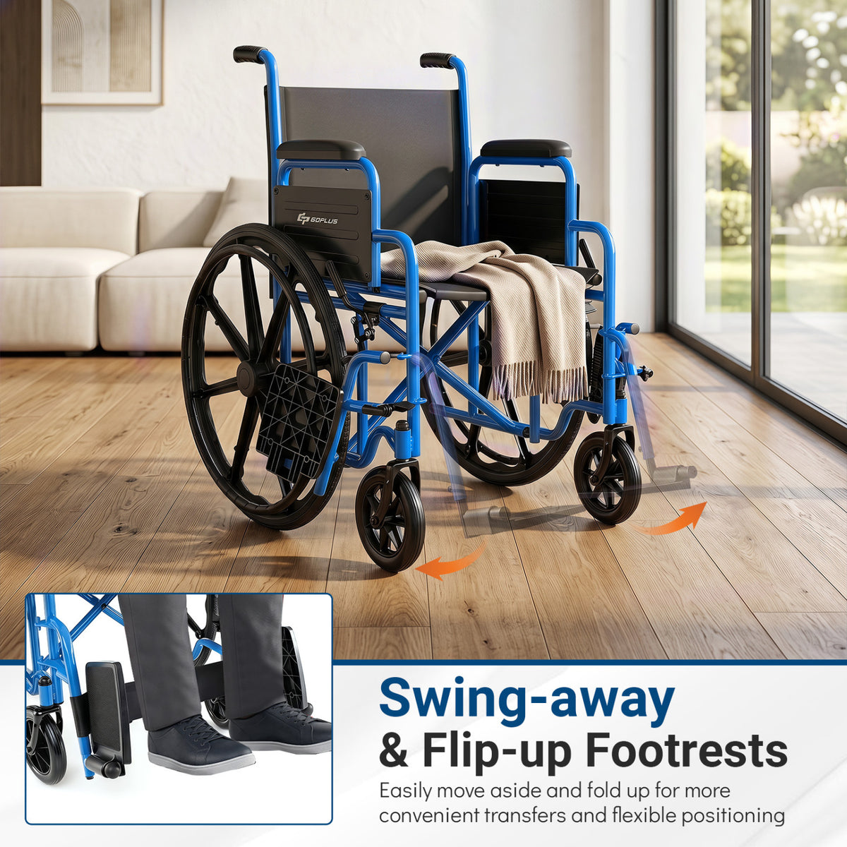 Lightweight Folding Wheelchair for Adults with Swing-Away Footrest and Desk Arm-Navy view 7