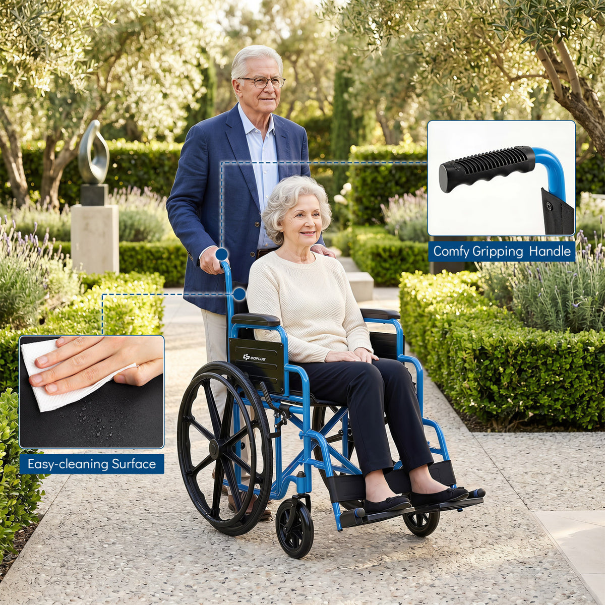 Lightweight Folding Wheelchair for Adults with Swing-Away Footrest and Desk Arm-Navy view 9