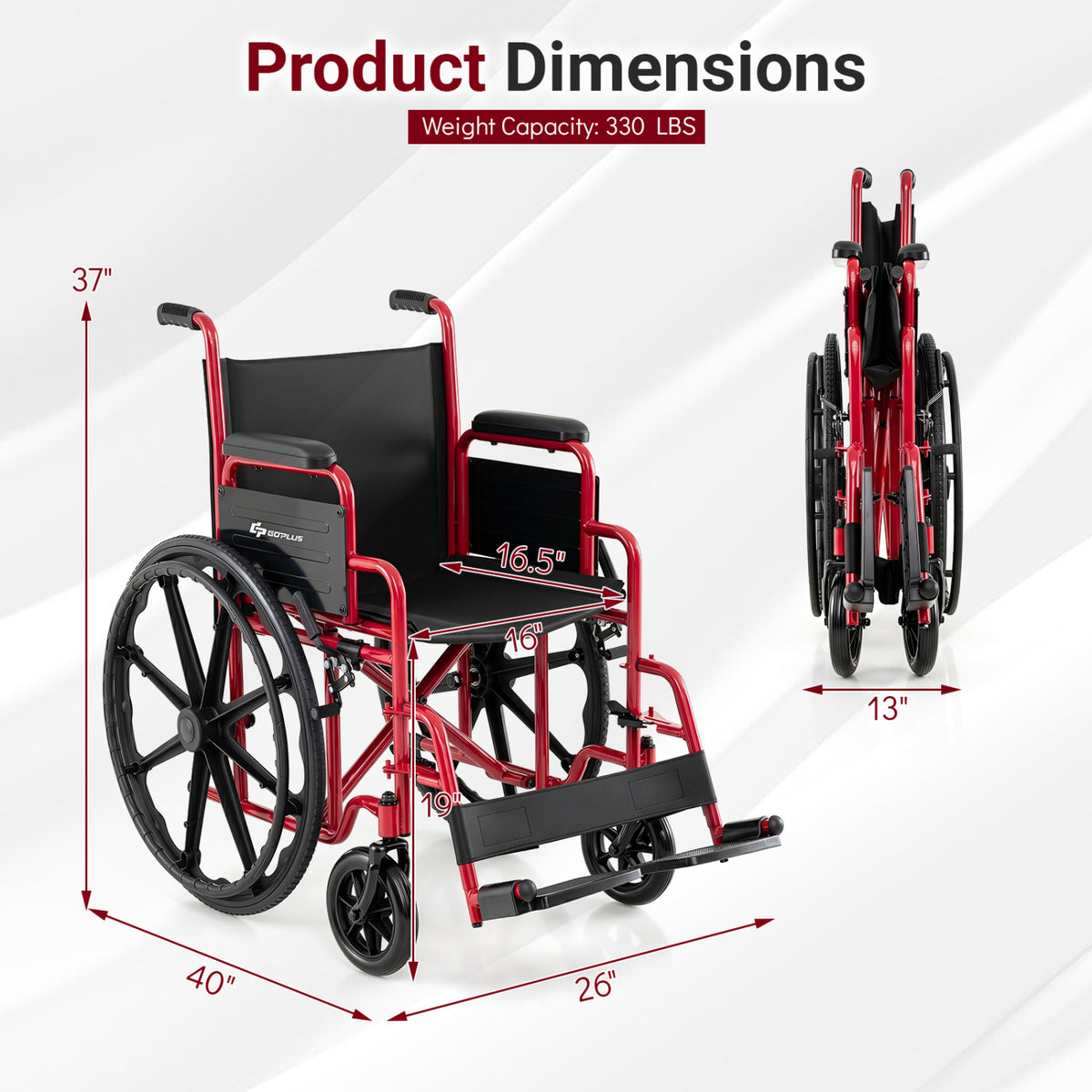 Lightweight Folding Wheelchair for Adults with Swing-Away Footrest and Desk Arm-Red view 3