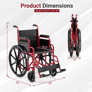 Lightweight Folding Wheelchair for Adults with Swing-Away Footrest and Desk Arm-Red view 3