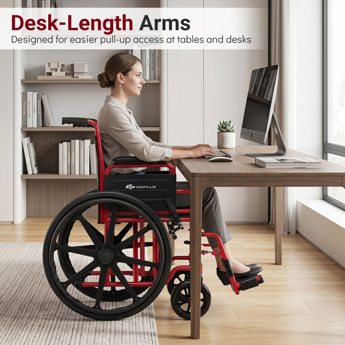 Lightweight Folding Wheelchair for Adults with Swing-Away Footrest and Desk Arm-Red view 4