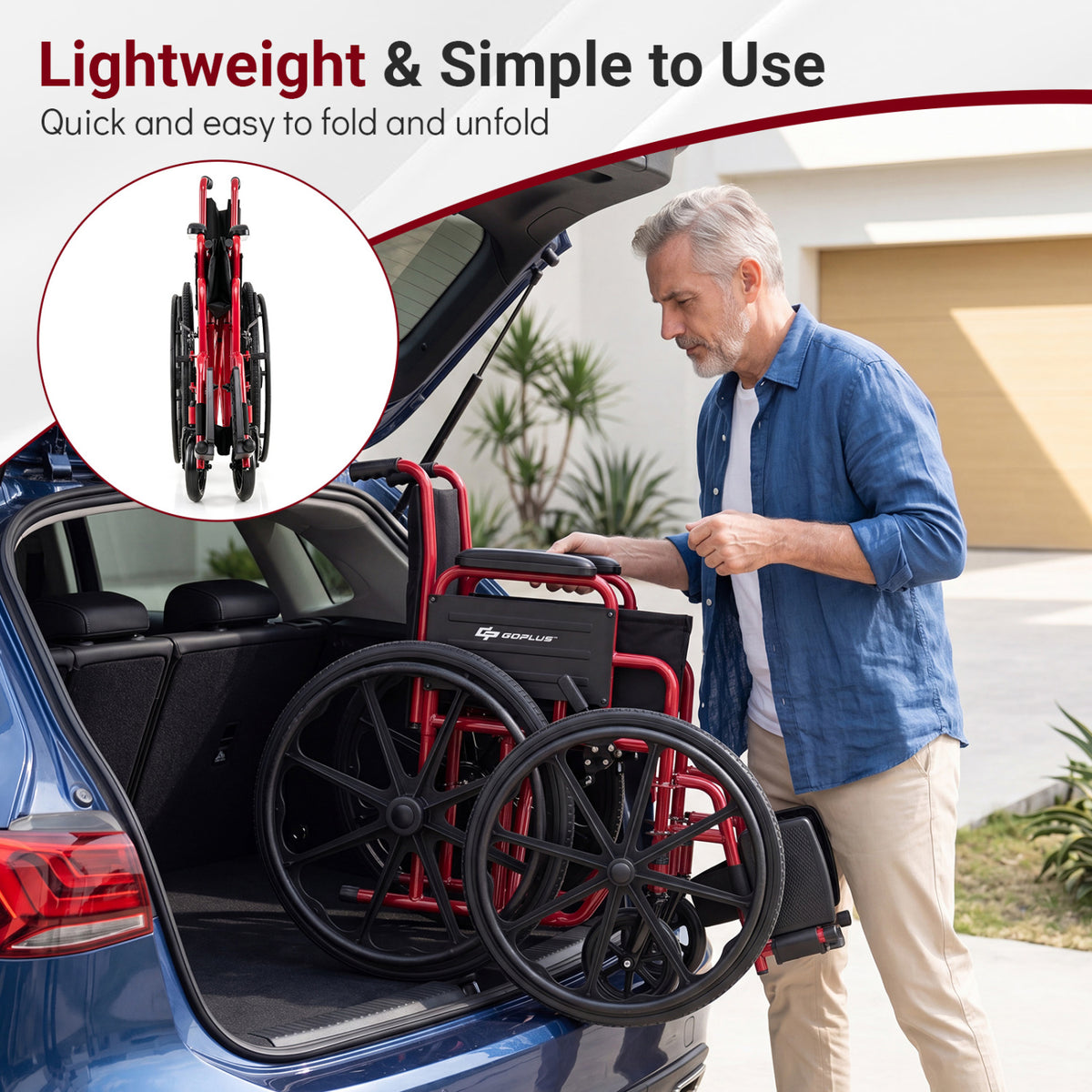 Lightweight Folding Wheelchair for Adults with Swing-Away Footrest and Desk Arm-Red view 5