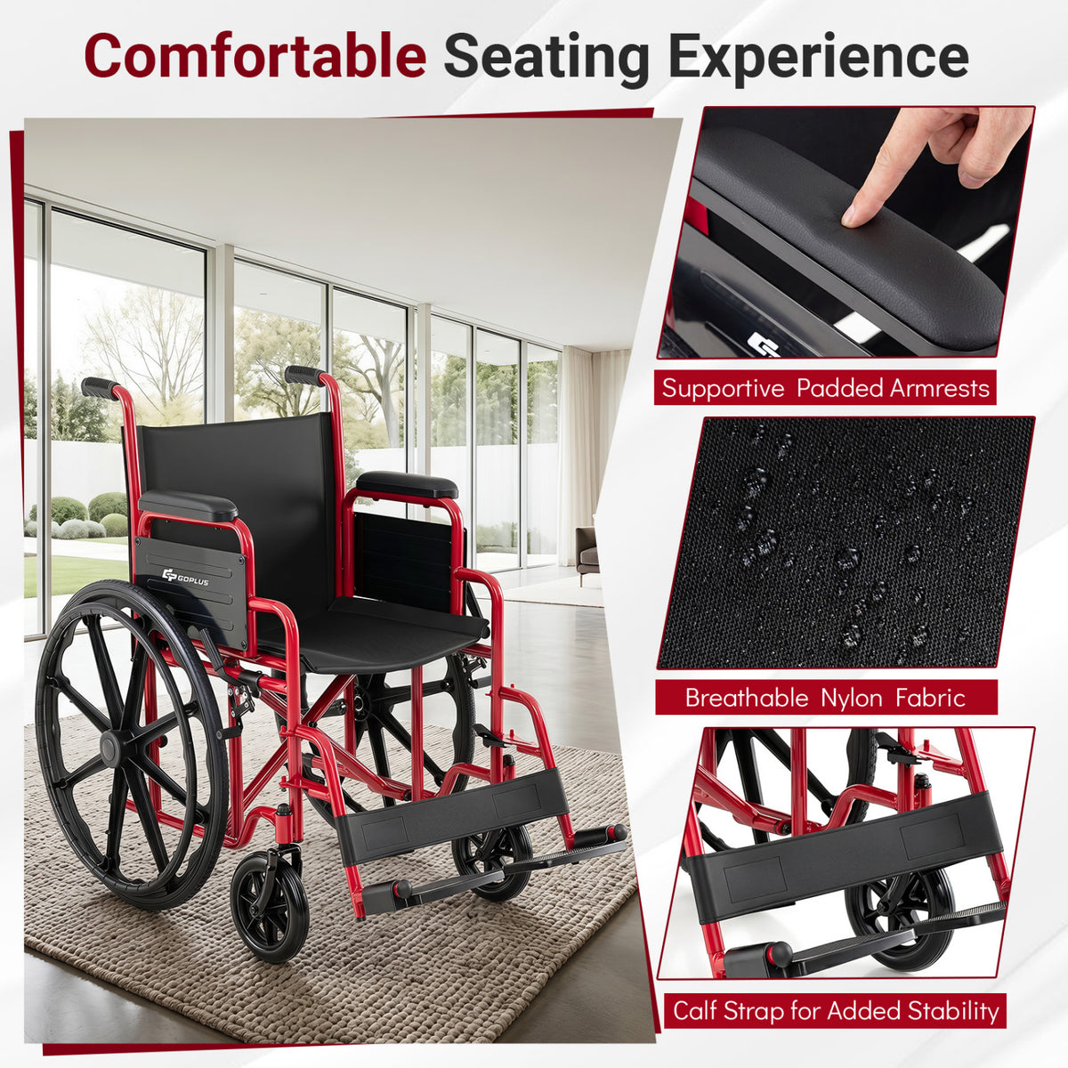 Lightweight Folding Wheelchair for Adults with Swing-Away Footrest and Desk Arm-Red view 6