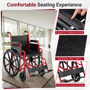 Lightweight Folding Wheelchair for Adults with Swing-Away Footrest and Desk Arm-Red view 6