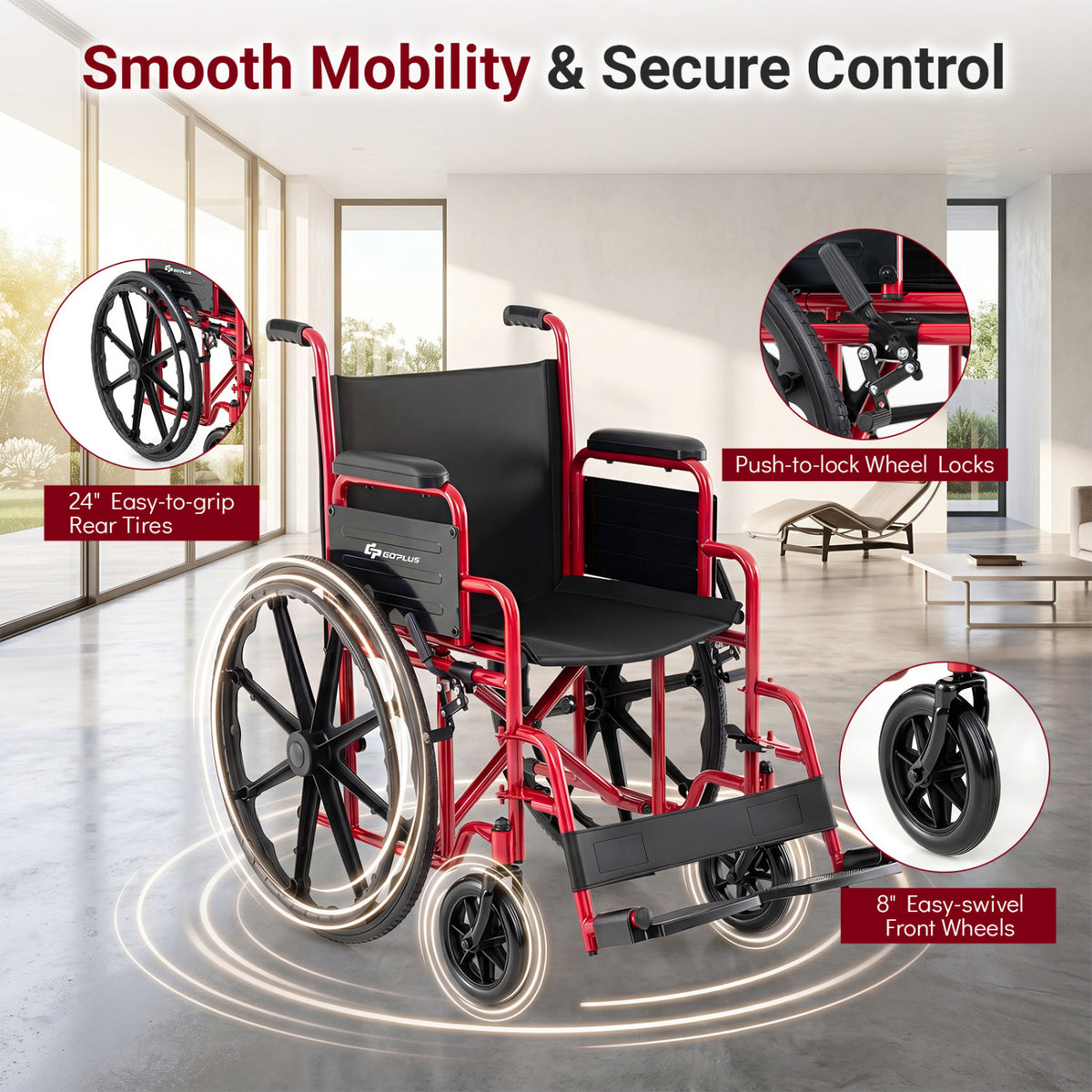 Lightweight Folding Wheelchair for Adults with Swing-Away Footrest and Desk Arm-Red view 8