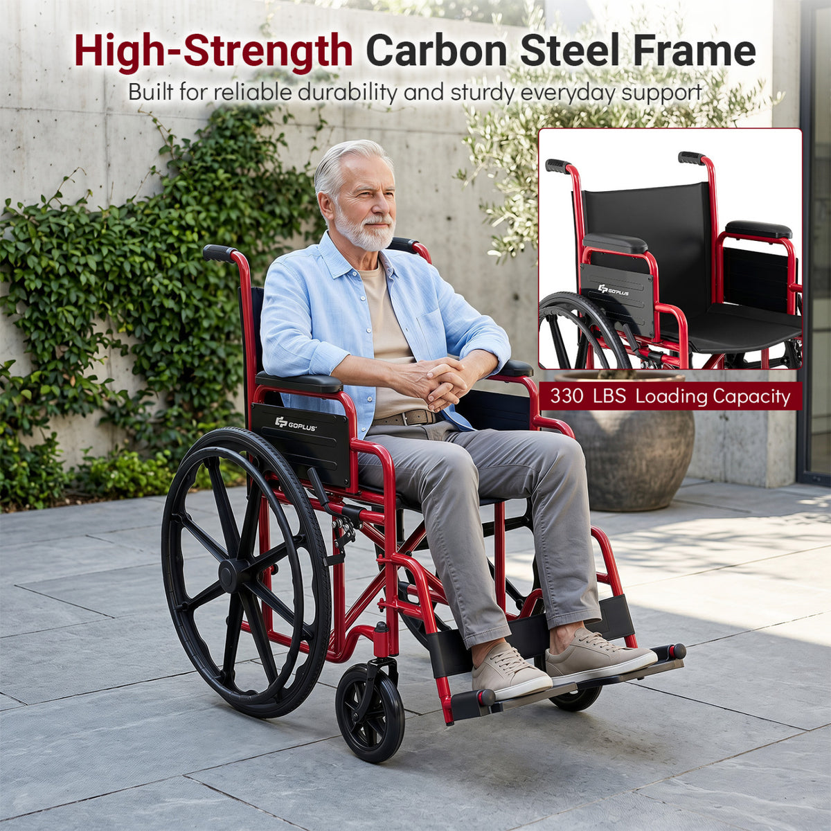 Lightweight Folding Wheelchair for Adults with Swing-Away Footrest and Desk Arm-Red view 9
