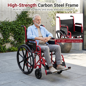 Lightweight Folding Wheelchair for Adults with Swing-Away Footrest and Desk Arm-Red view 9