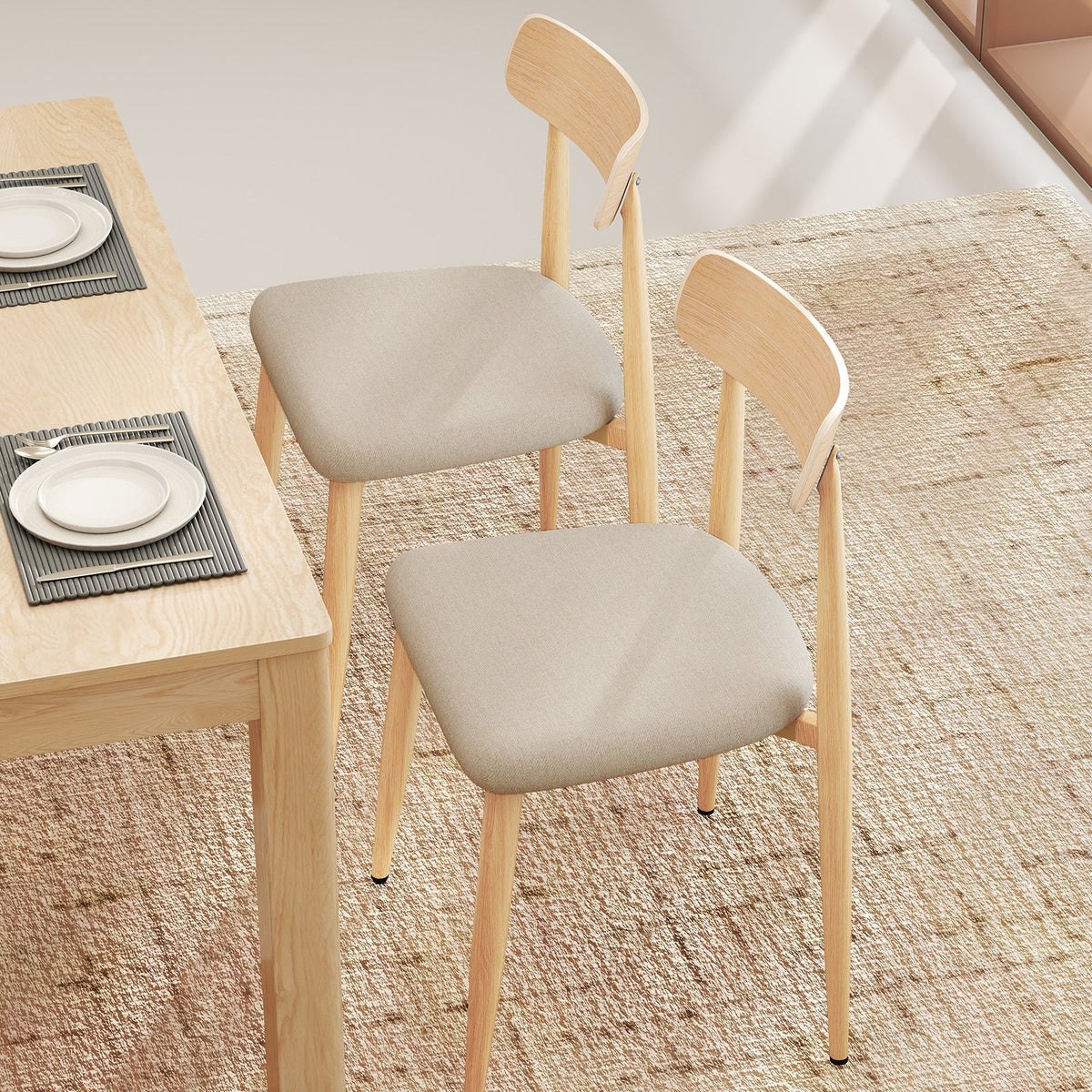 Linen Fabric Upholstered Modern Dining Chair Set of 2 with Padded Seat and Curved Back-Oak view 3