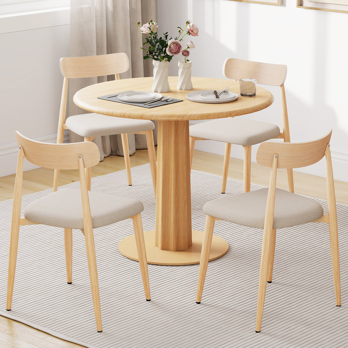 Linen Fabric Upholstered Modern Dining Chair Set of 4 with Padded Seat and Curved Back-Oak view 2