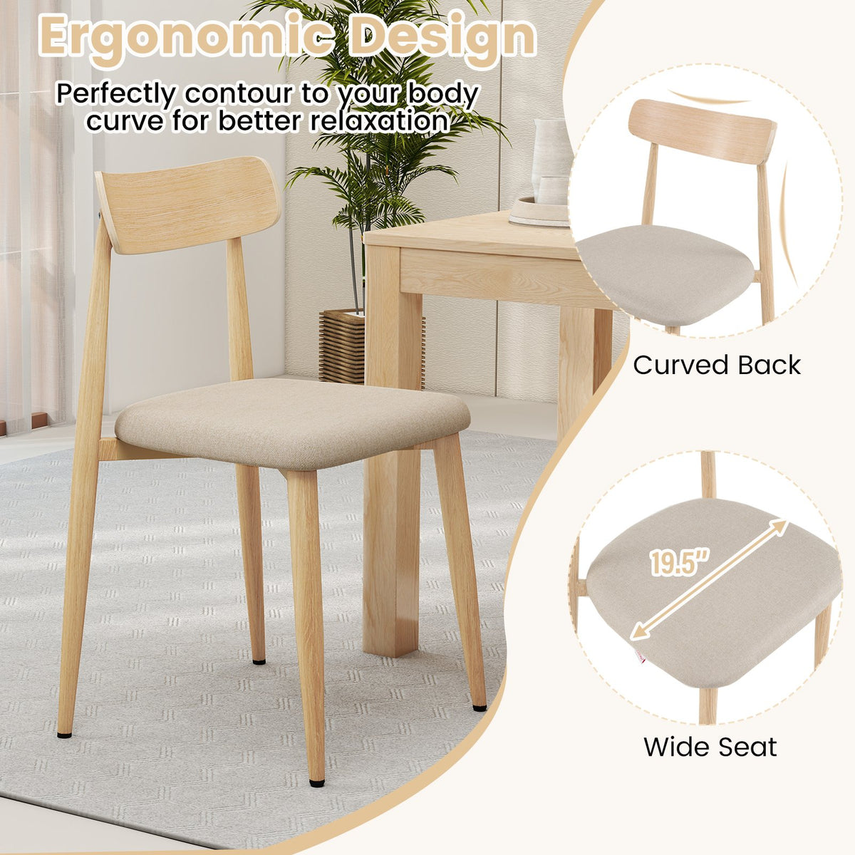 Linen Fabric Upholstered Modern Dining Chair Set of 4 with Padded Seat and Curved Back-Oak view 4