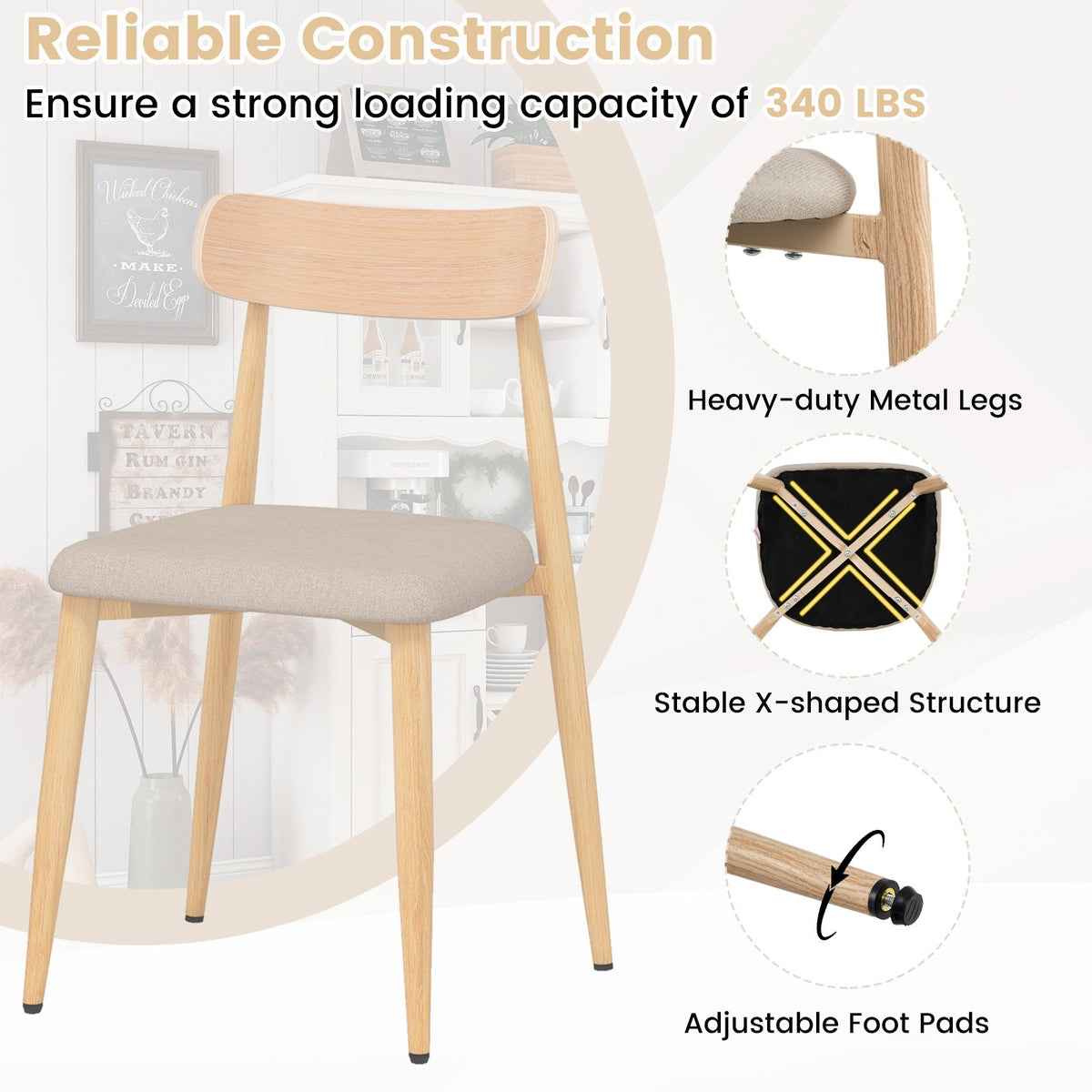Linen Fabric Upholstered Modern Dining Chair Set of 4 with Padded Seat and Curved Back-Oak view 6