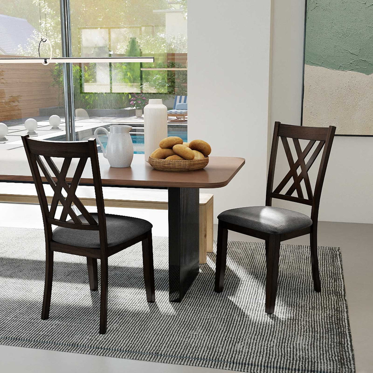 Linen Fabric Upholstered Wooden Dining Chair Set of 2 with Rubber Wood Frame for Dining Room-Gray view 3
