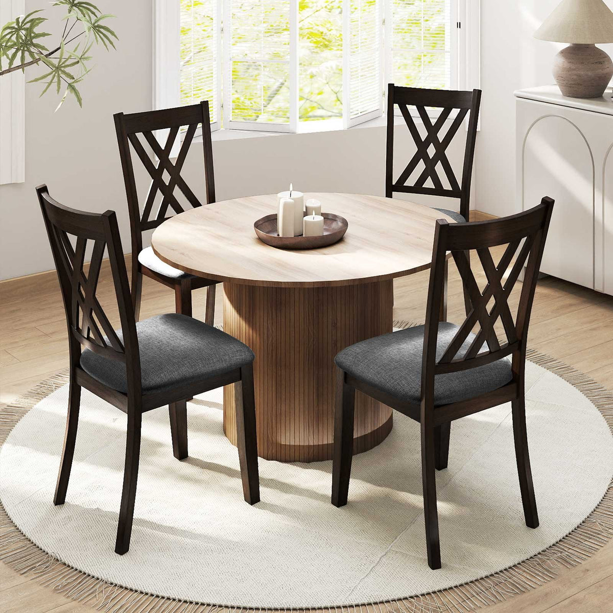 Linen Fabric Upholstered Wooden Dining Chair Set of 2 with Rubber Wood Frame for Dining Room-Gray view 5